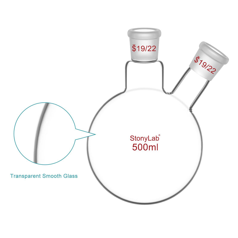 StonyLab Glass 500ml Heavy Wall 2 Neck Round Bottom Flask RBF, with 19/22 Center and Side Standard Taper Outer Joint - 500mL 500 ml
