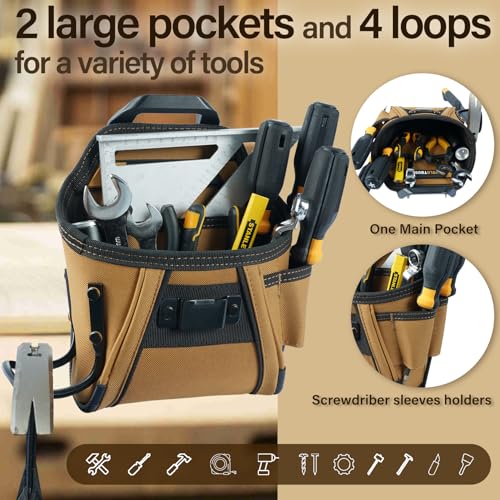 MELOTOUGH Electrician Tool Belt Pouches with Belt Clip Utility Tool Organizer Pouch with Hammer Holder for Electrician,Carpenter,Construction,Technician Khaki Tool Pouch