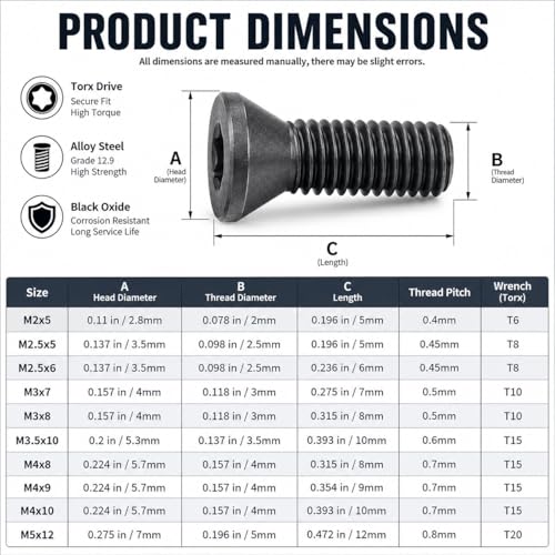 100PCS Carbide Insert Screws Set, CNC Lathe Tool Torx Screws M2 M2.2 M2.5 M3 M3.5 M4 M5, Grade 12.9 Alloy Steel Replacement for Indexable Inserts, CNC Milling Tools, Metal Cutting Tools M2-M5 Screw Set