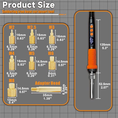 CS901 Heat Set Insert Tool Kit, 90W Digital Soldering Iron with 180-500℃ LCD Temp & Threaded Inserts M2 M2.5 M3 M4 M5 M6 M8 for Plastic 3D Printing, Compatible with Heat Set Tasks