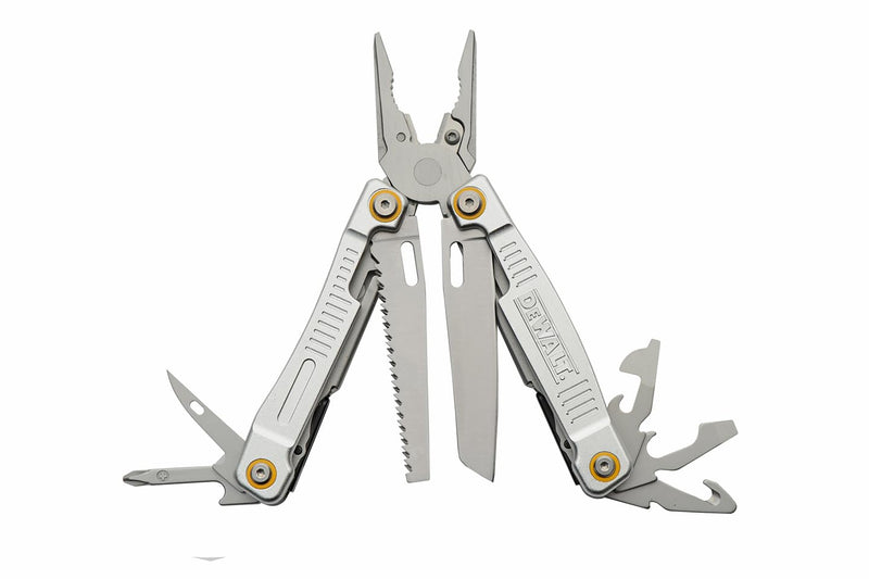 DEWALT 12-in-1 Multitool with Pliers, Knife, Saw, Screwdrivers, Bottle & Can Opener – Stainless Steel Folding Pocket Tool with Sheath & Belt Clip for Construction, Trades & Jobsite Use