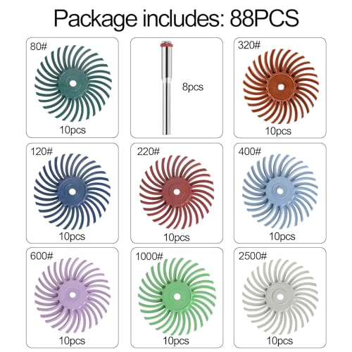 88pcs 1" Radial Bristle Disc Kit with 3mm Shank for Rotary Tools,Detail Abrasive Wheel for Jewelry Wood Metal Polishing, Bristle Wheel 80#-2500#