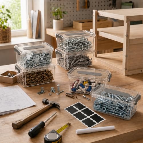 Hardware Organizer, 6-Pack Tool Box with Labels and Marker for Workshop