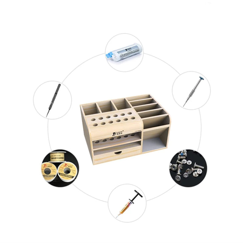  [AUSTRALIA] - HZY Classic Wooden Tool Box with 20 Compartments for Screwdriver, Tweezers, Mobile Phone Repair, Desktop, Home DIY, Brown