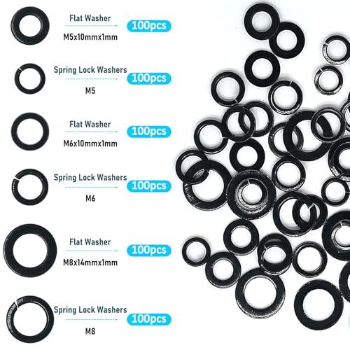 100 Sets 304 Stainless Steel Flat and Spring Washers Assortment Kit for Bolts,100pcs M8x14mmx1mm Flat Gasket + 100pcs M8 Metric Split Lock Washers,Black Zinc Plated(Black)