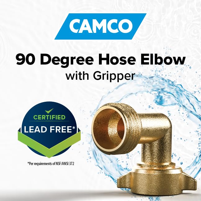 Camco 90-Degree Hose Elbow For RVs — Solid Brass Construction— Certified Lead-Free — Features Convenient Easy Grip Connector — For RV Water Hoses, Residential Outdoor Faucets, & More — 2-Pack (22507) 90 Degree Hose Elbow