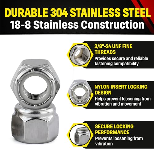 Stainless 3/8-24 Nylon Insert Lock Nuts, SAE Fine Thread 3/8-24 Nylock