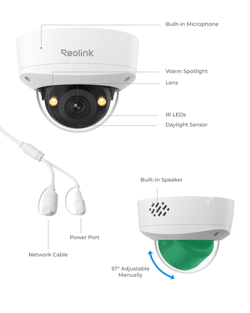 REOLINK 4K/8MP PoE IP Security Camera, Turret Surveillance, Color Night Vision with 3000K Spotlights, IK10 Vandal Proof, Human/Vehicle/Pet Detection, up to 512GB microSD Card, RLC-840A, No PT Support
