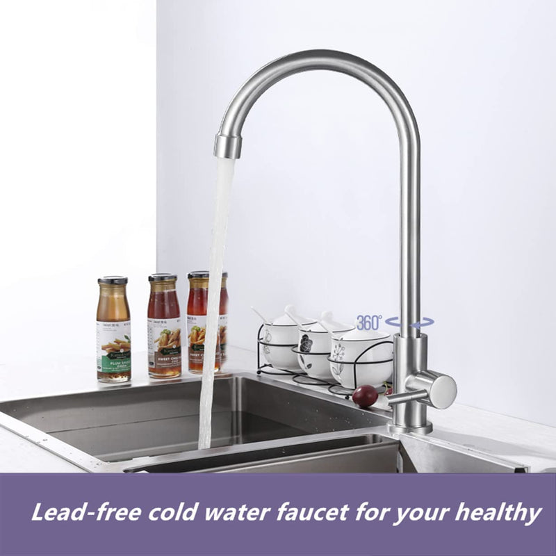 Brushed Nickel Cold Water Faucet Only,Single Handle Single Hole SUS304 Stainless Steel Cold Water Faucet for Kitchen.Outdoor(Stainless Steel nut, Longer Threaded Rod) Upgraded