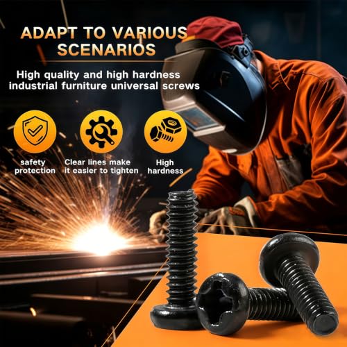 VAPKER 835Pcs Pan Head Machine Screws,M3 M3.5 M4 M5 Metric Phillips Drive Cross Fully Threaded Round Head Carbon Steel Black Oxide Bolts Nuts Washers Set