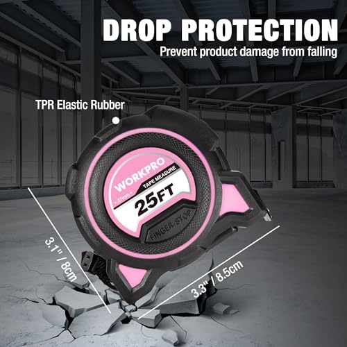 WORKPRO Pink Tape Measure, 25FT Heavy Duty Tape Measurement