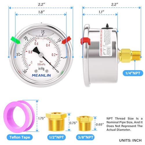 MEANLIN MEASURE -30inHG~0Psi Vacuum Gauge Stainless Steel Liquid Filled 1/4" NPT 2" FACE DIAL for Air Compressor HVAC Negative Pressure Hand Pump Pool Center Back Mount with Hex Bushing and 2PCS Snaps -30inHG-0Psi