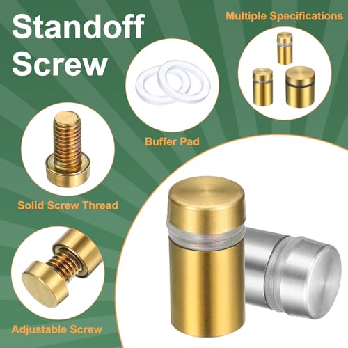 uxcell 12 Pcs 1" x 1" Standoff Screws Stainless Steel Wall Mount Sign Mounting Hardware Kit with 14pcs Screws for Hanging Acrylic Glass Signs Advertising Boards, Brushed Gold 1" x 1"