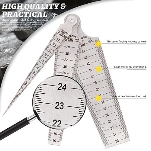 Glarks 3Pcs Inch & Metric Taper Gage Set 1-15mm(1/32-5/8inch), 15-30mm(5/8-1-3/16inch), 30-45mm(1-3/16-1-3/4inch) Stainless Steel Gap Hole Taper Welding Gauge for Measuring Cylindrical Bores