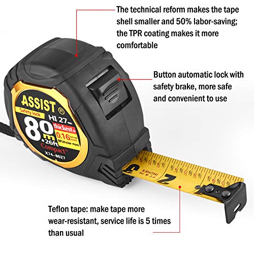 26FT Measuring Tape by ASSIST-Easy Read Double Side Printing with Metric and Inches，Automatic Lock,Heavy Duty Shock Absorbent Rubber Case-for Construction and Surveyor 4.9 m