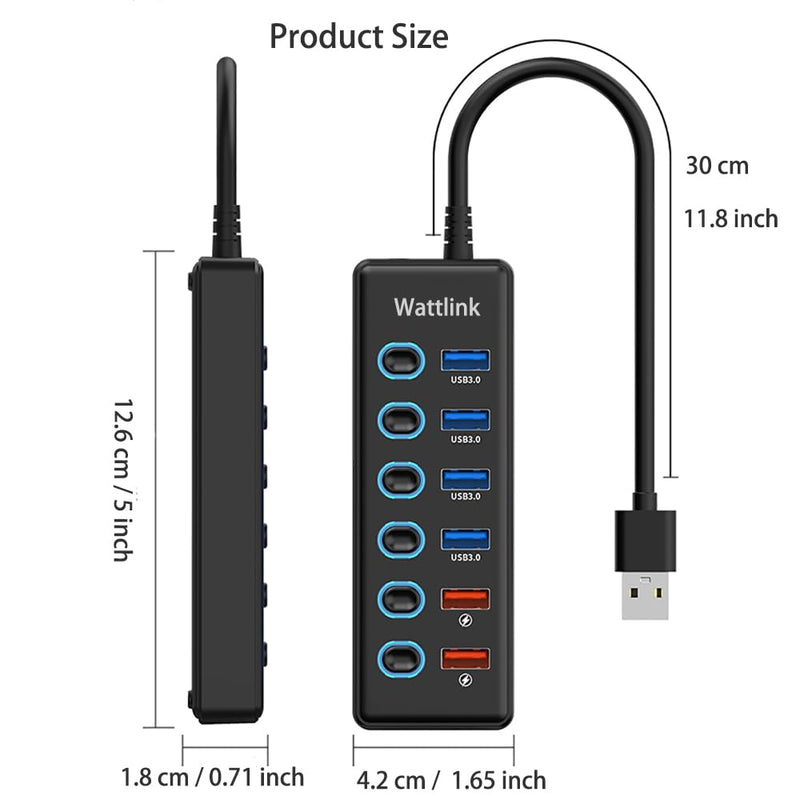 Powered USB 3.0 Hub, 6 Ports Hub Splitter with Power Adapter, 4 Data Ports + 2 QC 3.0 Fast Charging Ports, Individual LED Switches, Black