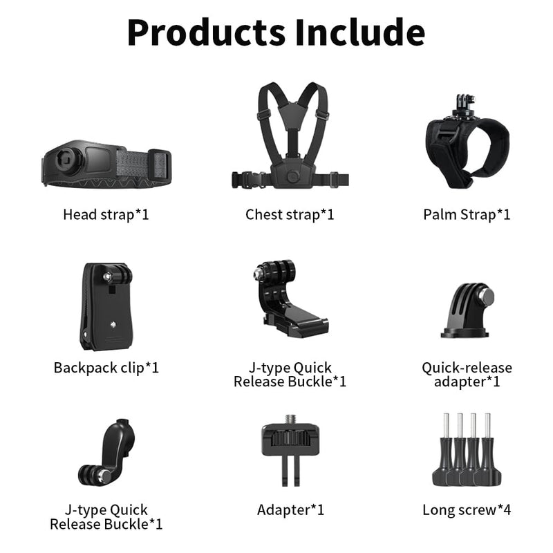4 in 1 Accessories Kit Set for DJI Action 6/5/4, GoPro Hero 13/12/11/10 and More, Quick Release Head Strap Mount + Chest Mount Harness + Backpack Clip Holder + 360°Rotating Palm Strap