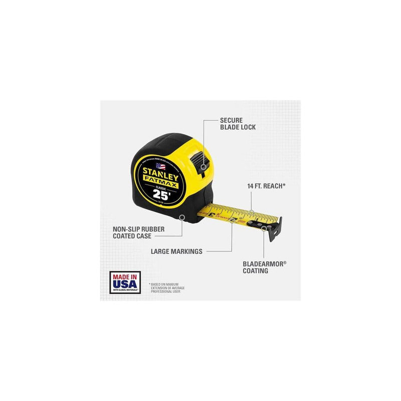 STANLEY FATMAX Tape Measure, 25-Foot (33-725) Black, Yellow 25 Foot