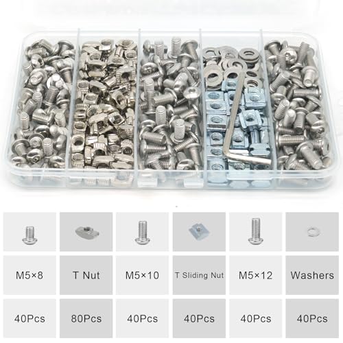280Pcs T-Nuts Screws Kit for 2020 Series Aluminum Extrusion,6mm Slot Screw Nut Kit,40Pcs 8mm/10mm/12mm Hexagon Socket Screws,M5 T Sliding Nut,M5 T Nut, Washers (Silver) 280Pcs-Silver