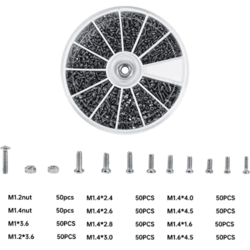 600pcs Screws and Nuts, Stainless Steel Nut and Bolt Assortment Kit M1 M1.2 M1.4 M1.6 for Watches Glassess