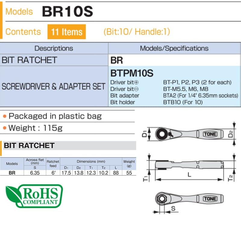 TONE Bit Ratchet Set BR10S 1/4" Hex Shank Bit 11-Piece Includes 11 pieces