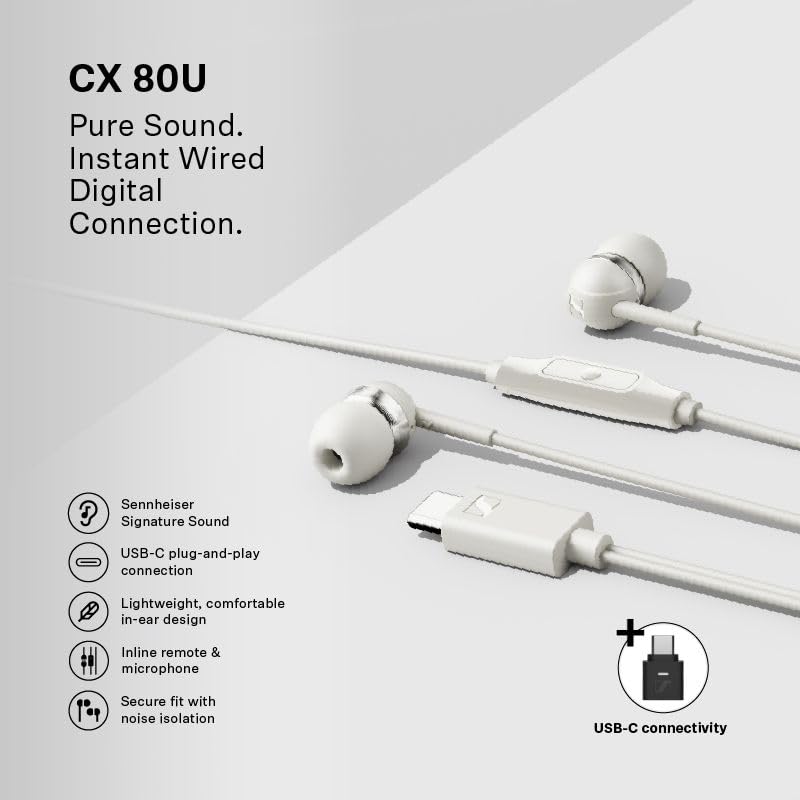 Sennheiser CX 80U in-Ear Headphones with in-line One-Button Smart Remote – White USB Type C