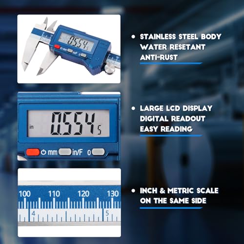 Dasqua 6” IP54 Digital Caliper, Stainless Steel Water-Resistant Precision Measuring Tool with Large LCD, Inch/Metric/Fraction Switch, Resolution 0.0005"/0.01mm/1/128, Accuracy ±0.001"/0.02mm IP54 6"