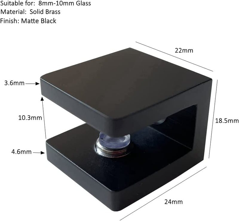 LukLoy Brass Glass Clamp, No-Drill-on-Glass Shelf Bracket Clip Holder Support for 8mm - 10mm(10, Matte Black) 10 Support for 8mm - 10mm Glass