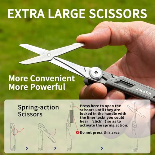 ROCKTOL Pocket Multitool ST02, VG-10 Blade, 12-in-1 Multi tool Knife,Titanium-Plated Handle,Pocket Clip,Large Scissors, Multi-tool for Camping, Hiking, Survival, EDC Gadget for Men Titanium Grey