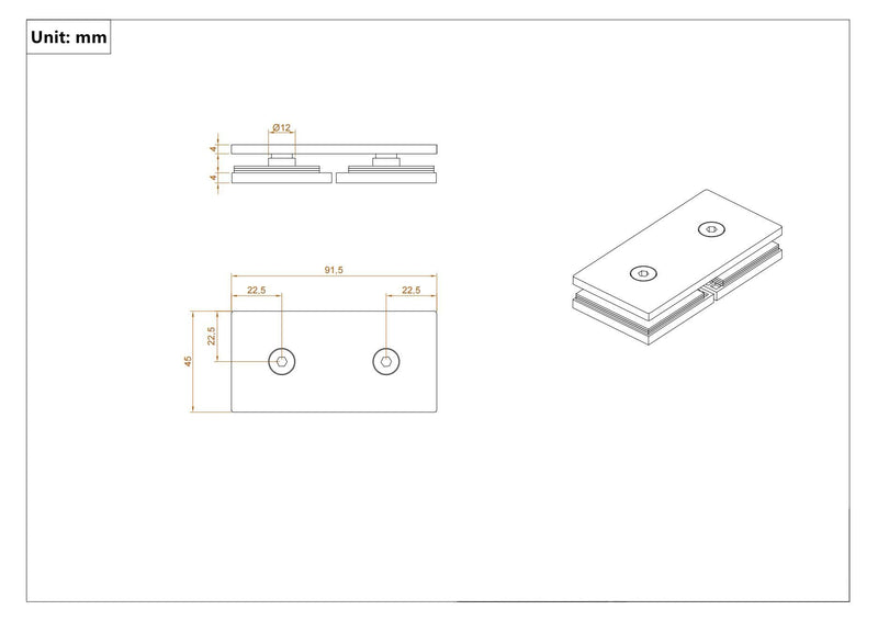 Ranbo 180 Degree Fixed Glass Panel Clamp, Gold, 2 Pack | 304 stainless steel, for 5/16" - 1/2" (8-12 mm) thick frameless glass, straight edge