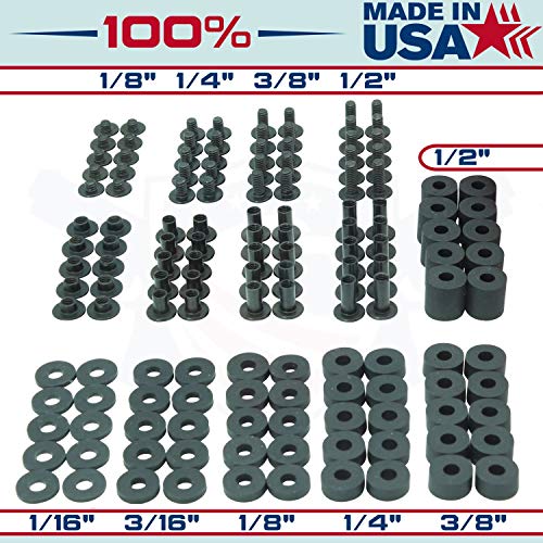 Black Chicago Screw - Thru Hole Binding Post Kit 1/8, 1/4, 3/8, 1/2 Inch Machine Screw Fasteners + Rubber Washers, QuickClipPro Kydex Leather Holster Sheath 1/8" Flat Head - 25 Pack