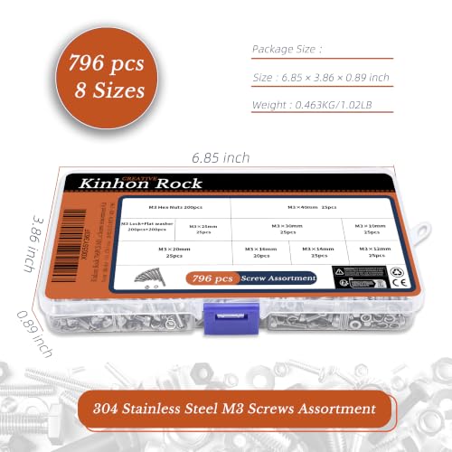 796PCS M3×10/12/14/16/20/25/30/40mm Metric Screw Assortment Kit M3-796pcs