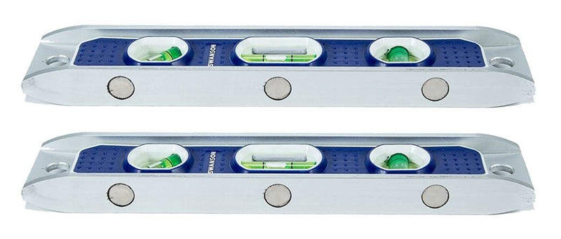 Swanson 2-pc 9" Torpedo Levels with Rare Earth Magnetics Value Pack, TL002M | Bundle of two pro-grade, durable aluminum frame torpedo level with neodymium magnets, v-groove, 3 vials and top read view