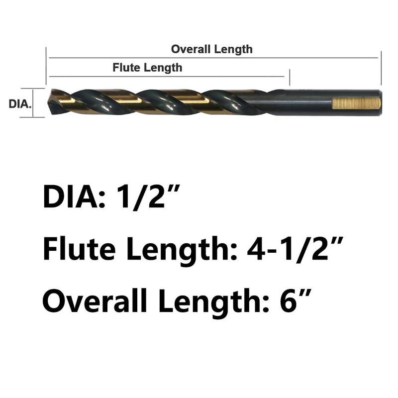 6PCS 1/2" HSS Black Gold Twist Drill Bits Set, 135 Degree Split Point, Jobber Metal Drill Bit, General Purpose for Use in Mild Steel, Copper, Aluminum, Zinc Alloy, Wood, and Plastic 1/2"(6PCS)