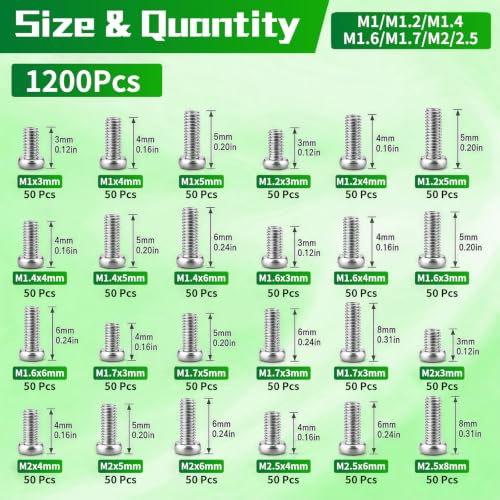 VAPKER 1200Pcs Round Pan Head Mini Machine Screws M1 M1.2 M1.4 M1.6 M1.7 M2 M2.5 Metric Phillips Drive 304 Stainless Steel Micro Screw for Laptop Eyeglass Watch Repair