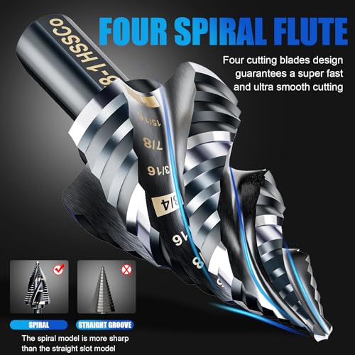 Four Spiral Flute M35 Step Drill Bit Set 1/8"-1"(9 Sizes), 3/8" Shank for Metal Step Drill bit, Impact Resistant Cobalt Step Drill Bit, for Stainless Steel, Wood, Aluminum, Plastic Spiral 1/8"-1"