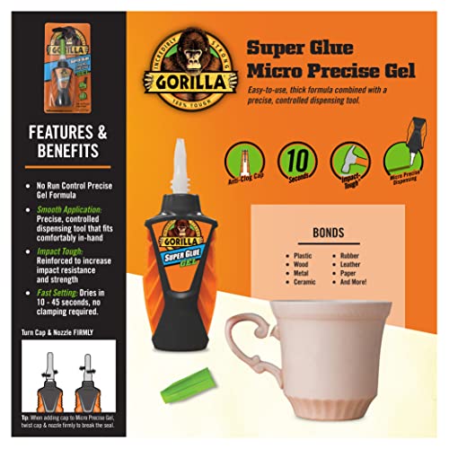 Gorilla Micro Precise Super Glue Gel, Clear, Cyanoacrylate, 5.5g, 2-Pack Pack of 2