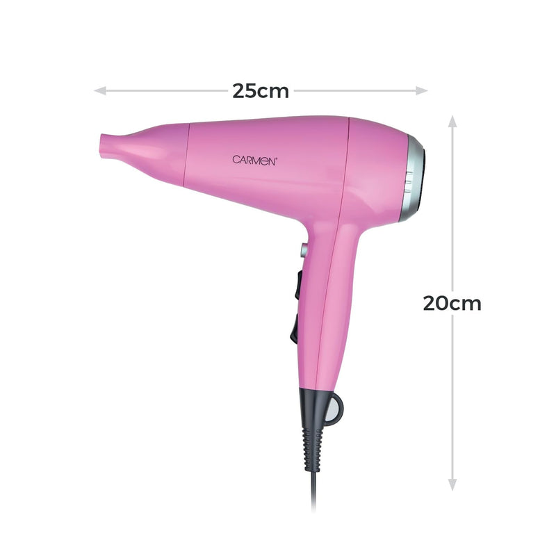 Carmen Hair Dryer with Concentrator Nozzle, Three Heat Settings, 2 Speed Settings, 2200W, Pink, C81247PNK