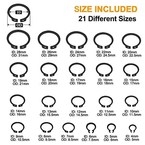 VIGRUE 500Pcs Snap Rings Assortment Alloy Steel External Circlip Snap Retaining Clip Rings Set, M4-M28, 21 Different Sizes Black