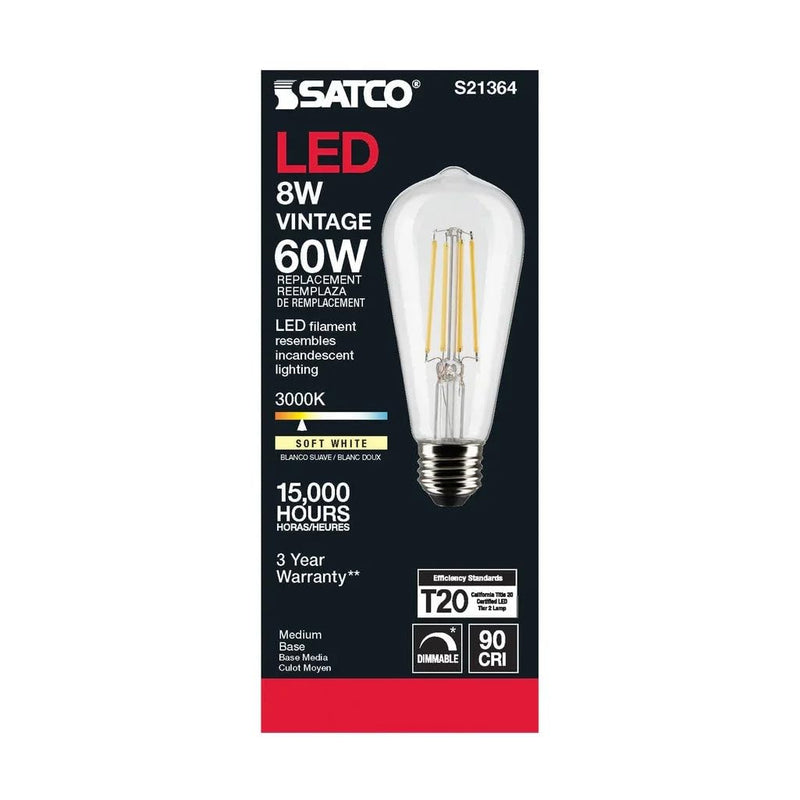 Satco 8 Watt ST19 LED Clear Vintage Style Light Bulbs - Medium Base - 3000K - 120 Volt - Soft White (6 Pack)