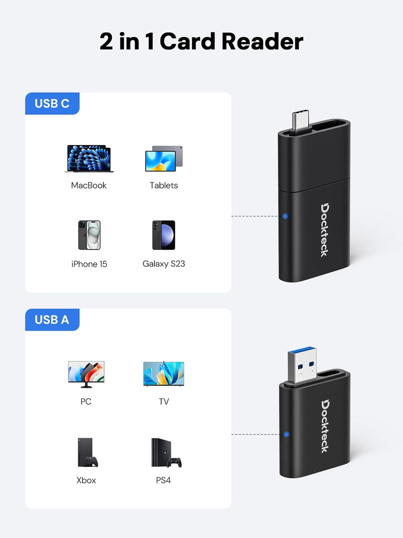 SD Card Reader, Dockteck USB 3.0 Card Reader to Micro SD Card Adapter, 5G SD Memory Card Reader, USB A - C Adapter, Dual-Slot Card Reader for UHS-I SD/Micro SD/SDHC/SDXC/MMC, Suppot OTG for Plug& Play USB3.0 AM&CM TO TF/SD; USB3.0 CM&AF