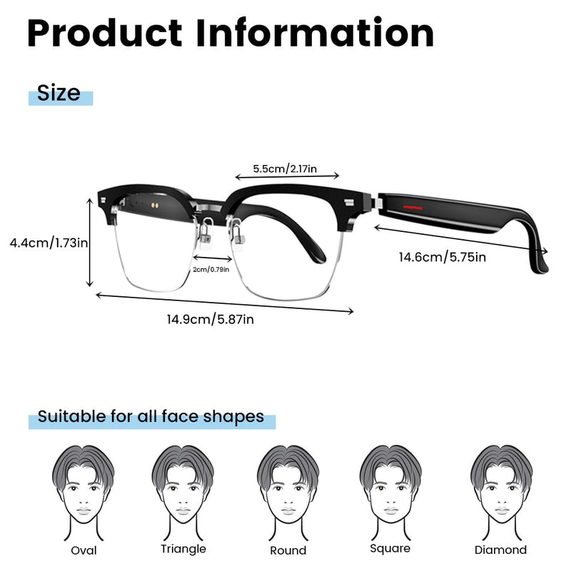 Smart Bluetooth Glasses,for Men & Women, Touch Control, Outdoor UV Protection and Voice Control, Hands-Free Calls (E1306-Black Transparent) E1306-Black transparent