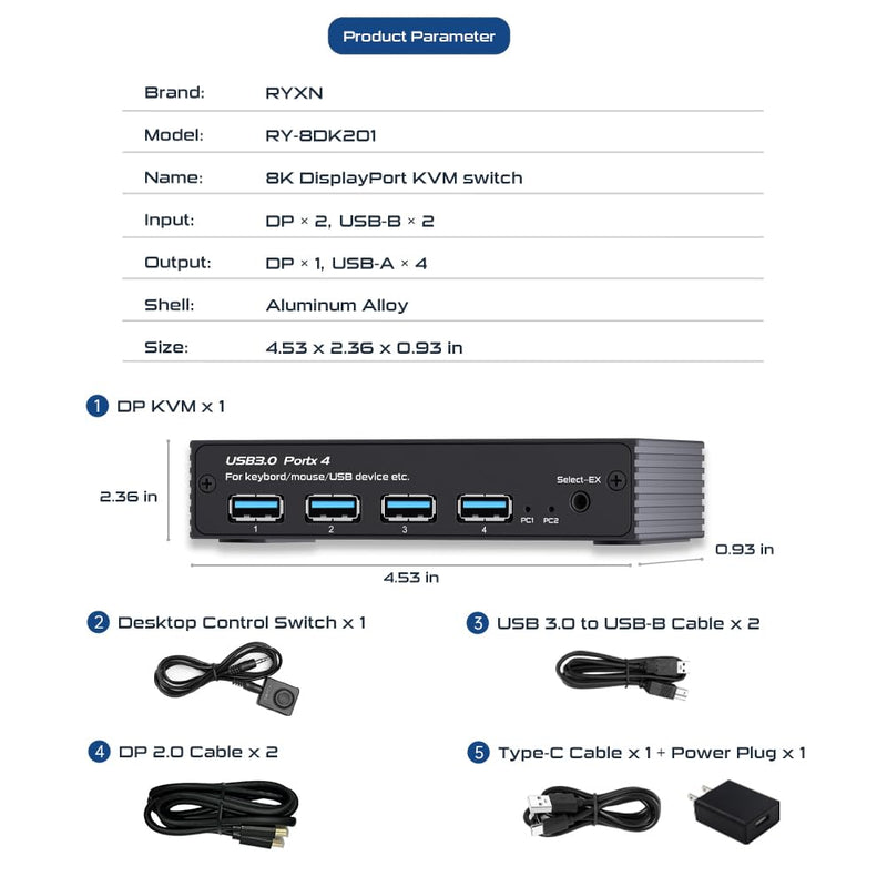 8K DP KVM Switch for 1 Monitor 2 Computers, DisplayPort 2.0 Share USB 3.0 Devices With 4 USB Hub, Support 8K@60Hz, 4K@240Hz/175Hz/144Hz, Extension Control Switch and 2 Cables 8K 60Hz DP KVM