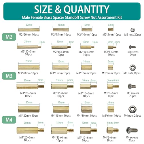 320Pcs M2.5 Male Female Brass Spacer Standoff Screw 6mm 10mm 15mm 20mm Nut Assortment Kit Brass M2.5