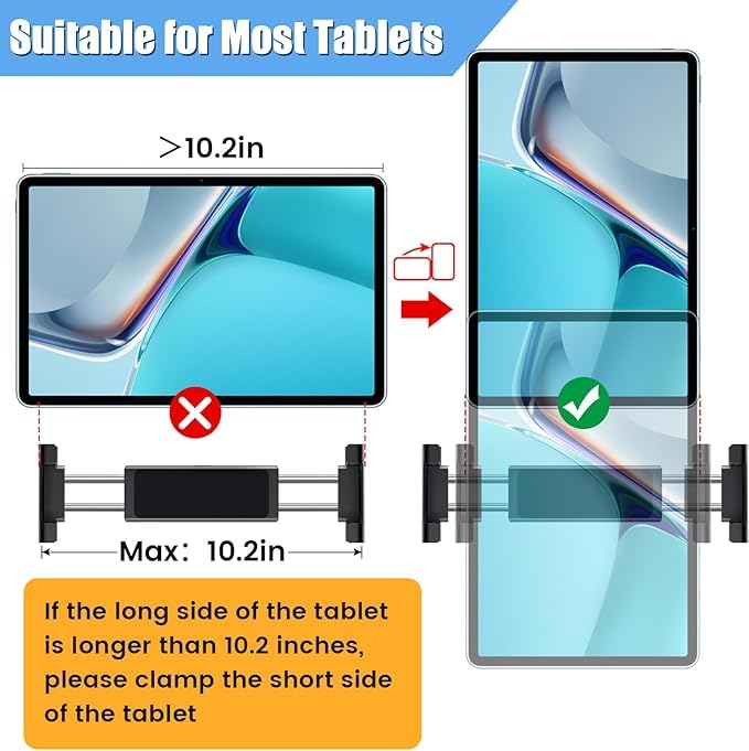 Universal Car Headrest Tablet Mount for iPad Tablets, Nintendo Switch, iPhone, Smartphones, Compatible w/ 4.5"-10" Device, 360° Rotation, Easy Installation, Black