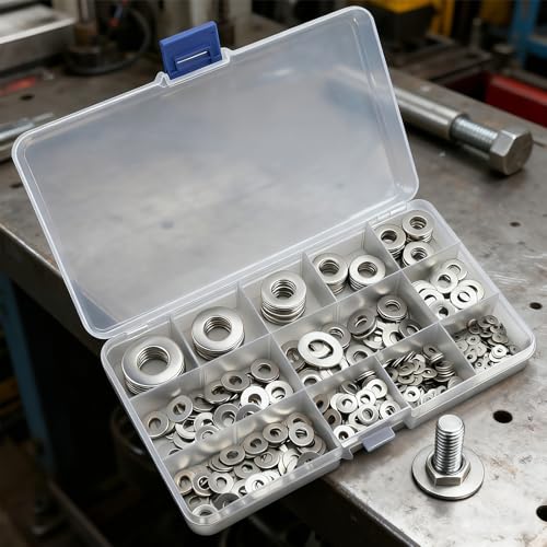 550PCS Flat Washers Assortment Kit, 12 SAE Sizes- 1/2, 7/16, 3/8, 5/16, 1/4, 3/16, 12#, 10#, 8#, 6#, 4#, 2#, (18-8) 304 Stainless Steel Washers for Screws, Metal Washers for Bolts SV 2# -1/2" (550PCS) Flat Washer