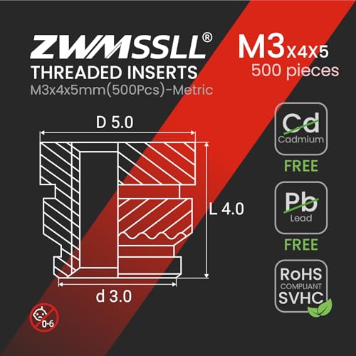 M3 Heat-Set Threaded Inserts, M3x4x5mm(500Pieces) Heat Set Insert for 3D Printing Components and Plastic Parts,Brass Metric Knurled Nuts 500