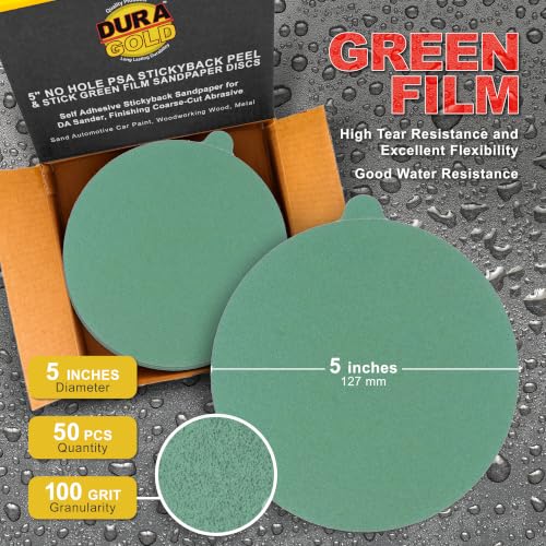 Dura-Gold Premium 5" Green Film PSA Sanding Discs - 100 Grit (Box of 50)