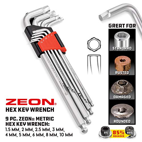 Powerbuilt 9 Piece Metric Hex Key Wrench Set for Damaged Fasteners, Standard, Grip Rusted, Rounded Bolts, Sizes 1.5mm to 10mm, Extra-Long L-Handles with Ball Ends - 240095
