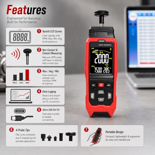 Digital Handheld Tachometer RPM Meter, 2-in-1 Contact and Non Contact Laser Photo Tachometer with Data Logging, RPM Measuring with USB PC Connection & Data Export